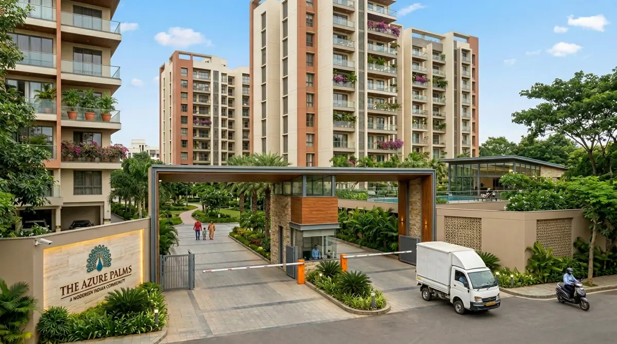 A modern gated apartment community with residents in the central courtyard