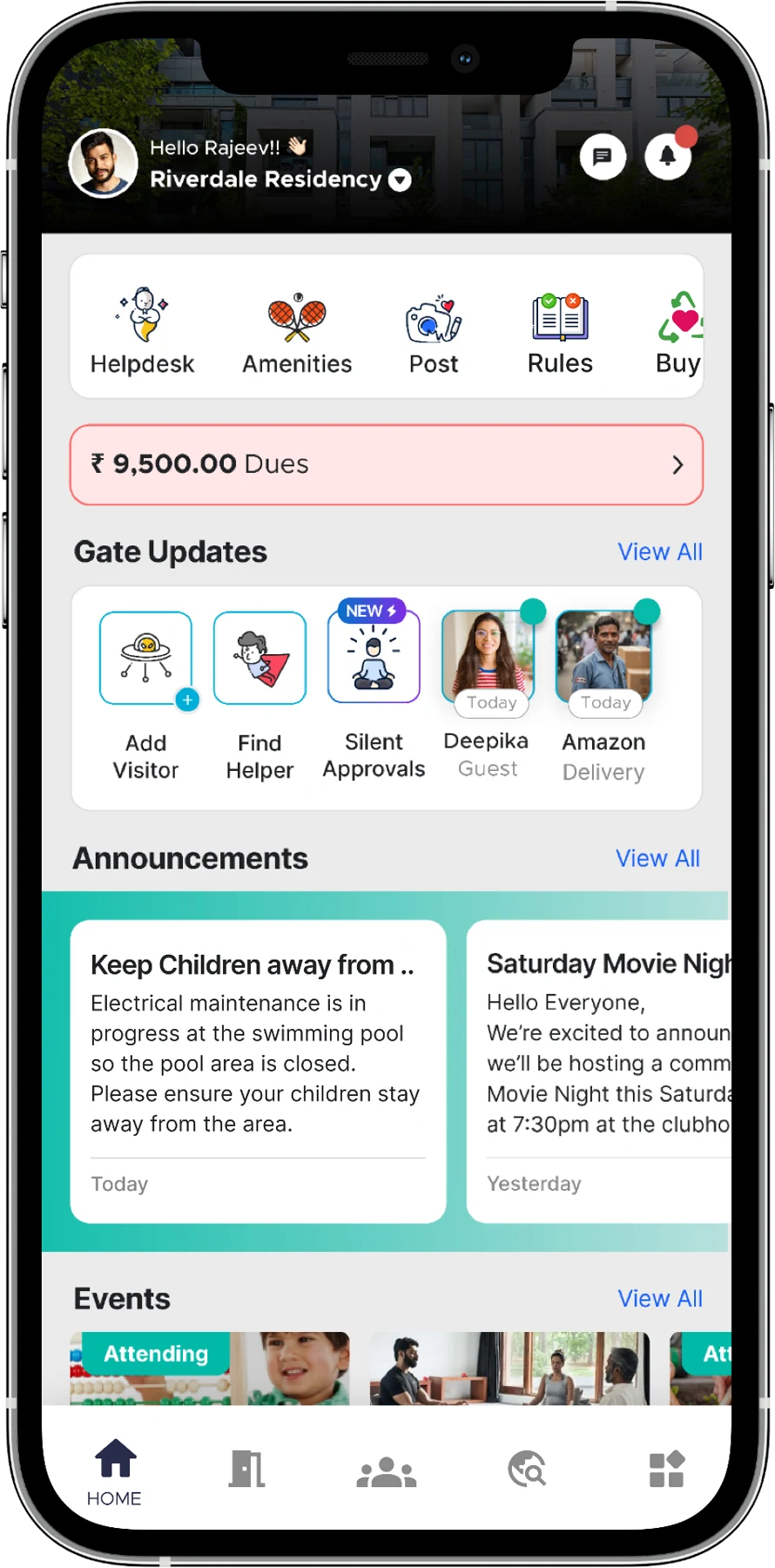 ADDA resident app on mobile — Riverdale Residency dashboard